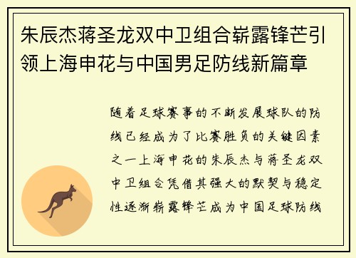 朱辰杰蒋圣龙双中卫组合崭露锋芒引领上海申花与中国男足防线新篇章