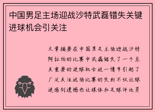 中国男足主场迎战沙特武磊错失关键进球机会引关注